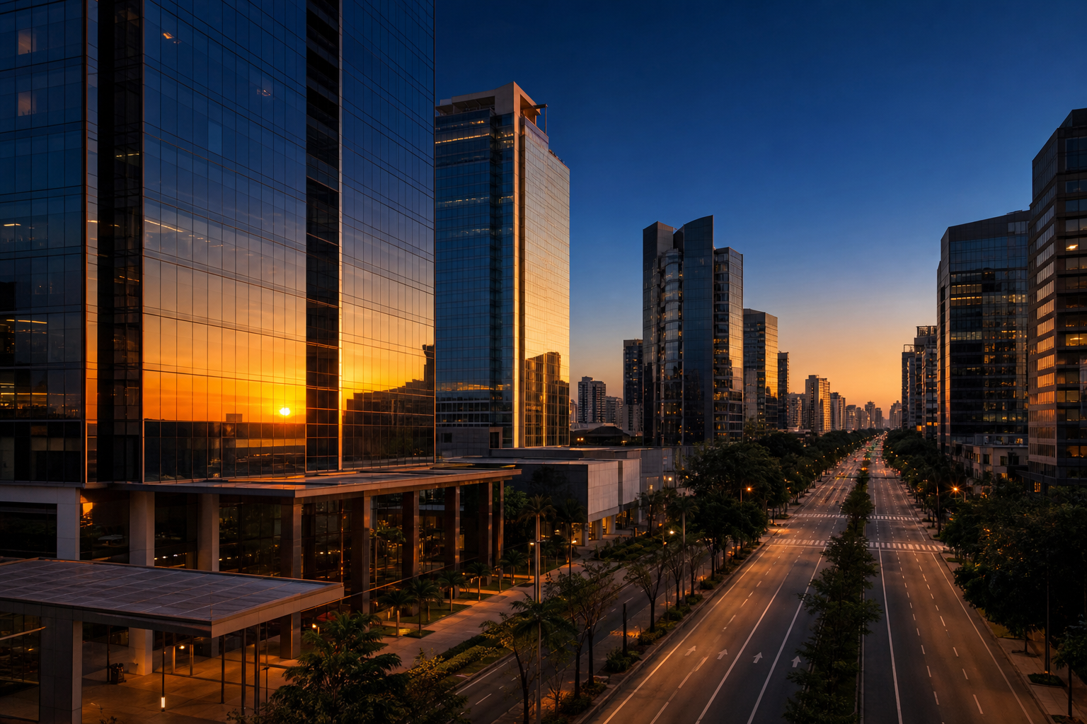 Business district in Brazil at dusk — ONESHU operates locally in Brazil.
